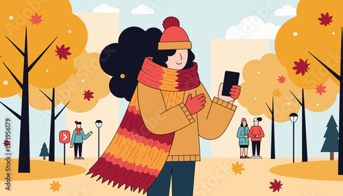 Person enjoying autumn stroll with colorful scarf in urban park, coziness