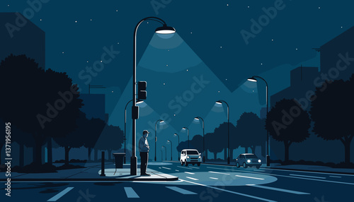 Solitary figure waiting under streetlight at midnight, urban solitude