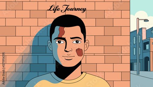 Portrait of young man with facial scar against brick wall, life journey