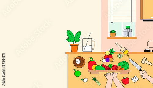 Hands preparing colorful vegetables on wooden countertop, fresh cooking
