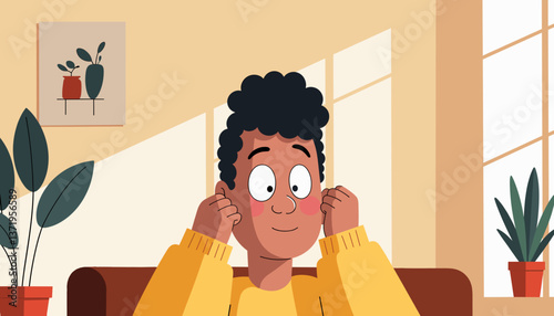 Joyful boy enjoying music in cozy living room, happiness