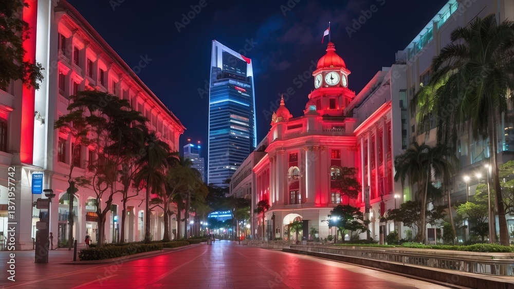 Naklejka premium A historical building illuminated in red and white lights against a dark blue evening sky.