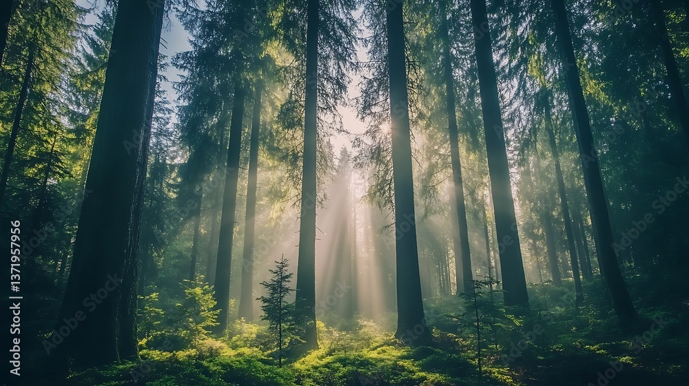 Fototapeta premium A serene forest with tall trees and sunlight filtering through 