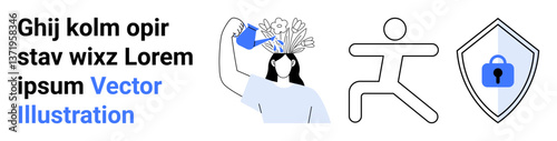 Woman with ideas pouring from her head, shield representing data security, running figure symbolizing action. Ideal for innovation, security, creativity, learning, health, growth flat landing page