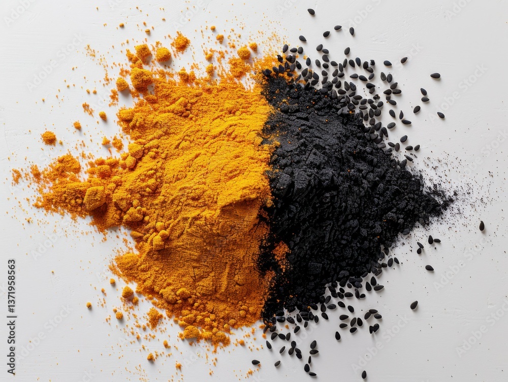 Spice Palette: A vibrant composition showcasing turmeric powder and black cumin seeds. Capturing the essence of culinary and health treasures, evoking a sense of sensory delight. Spice Palette: A vibrant composition showcasing turmeric powder and black cumin seeds. Capturing the essence of culinary and health treasures, evoking a sense of sensory delight.