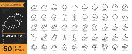 weather icon set. Containing temperature, sun, rain, snow, cloud, humidity, summer, winter, spring, cloudy and more. vector illustration. editable icon set