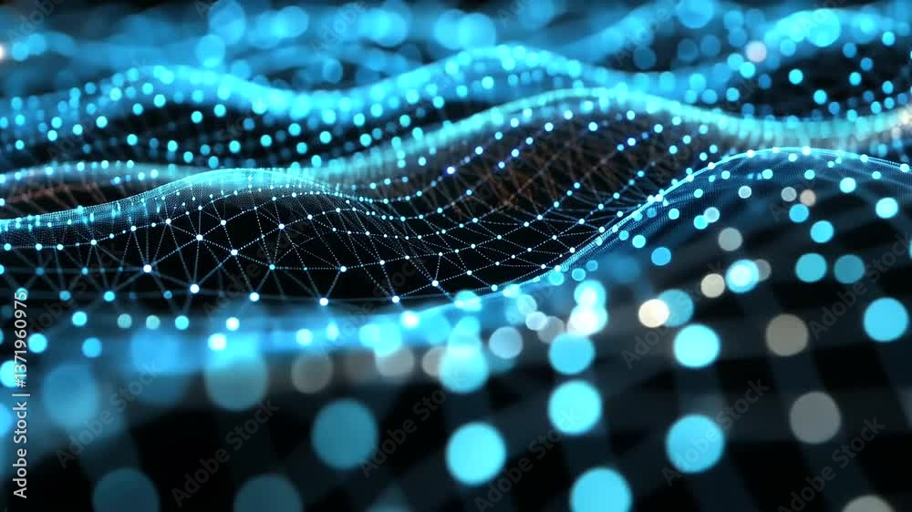 Abstract representation of flowing digital waves with glowing particles, creating a sense of depth and movement Abstract representation of flowing digital waves with glowing particles, creating a sense of depth and movement