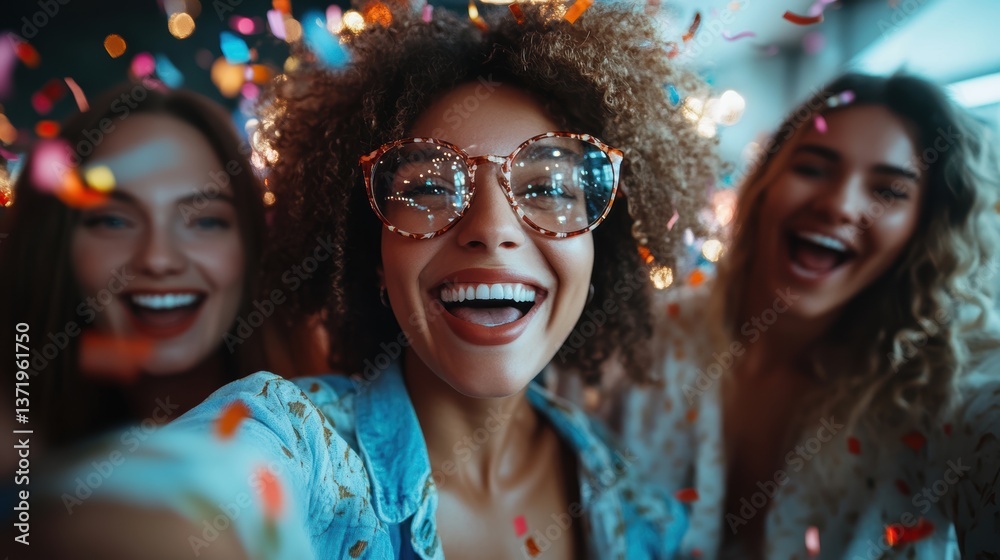 Coworkers sharing a joyful moment and taking a selfie during a work anniversary celebration with lighthearted decorations. Coworkers sharing a joyful moment and taking a selfie during a work anniversary celebration with lighthearted decorations.