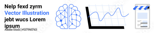 Brain outline, fluctuating graph, and app interface evoke technology, analytics, and innovation. Ideal for AI, research, education, tech solutions marketing product design simple landing page