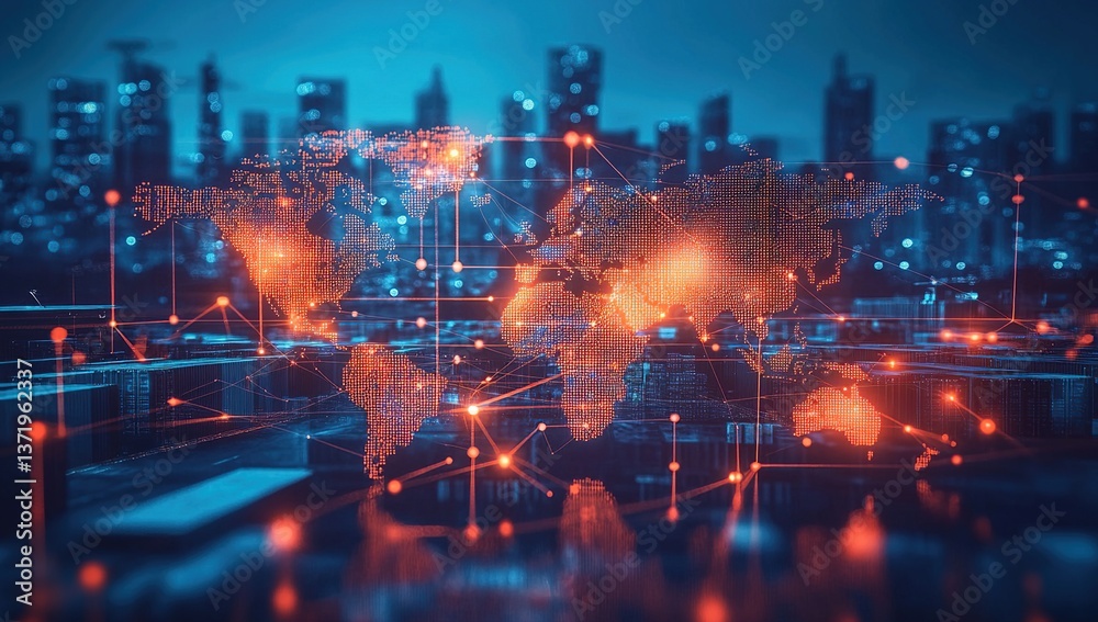 Fototapeta premium Global Network: Interconnected World of Data and Technology Illuminates Cities Digitally