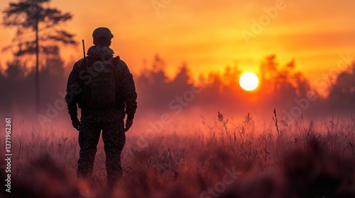 A hunter is silhouette in camouflage against the misty backdrop of a forest at dawn, waiting patiently for the right moment.