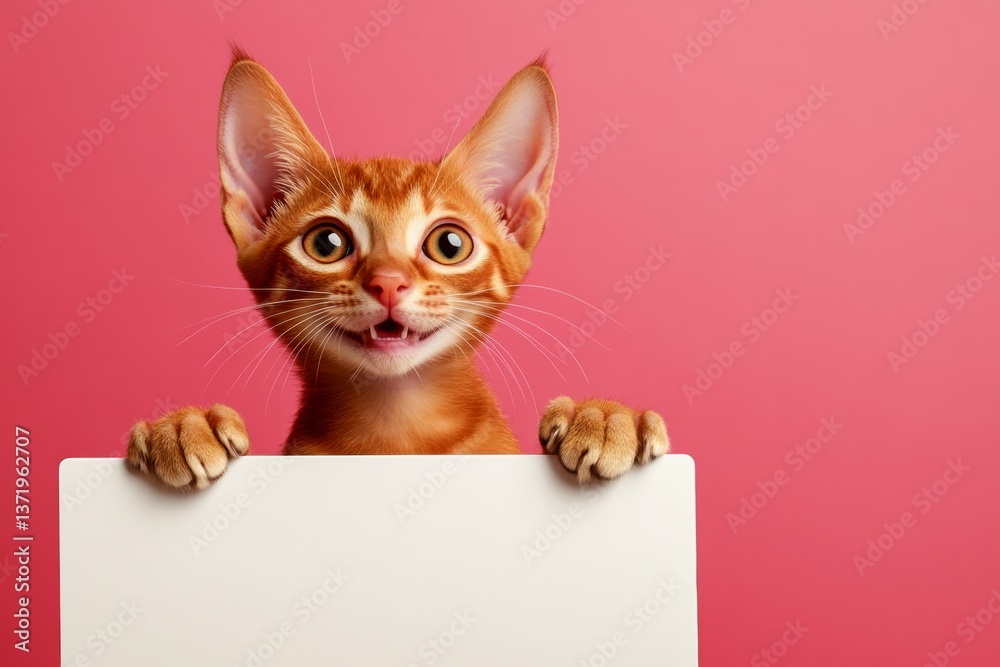 Creature face on board. Cat promo idea. Сute cat peterbald hold in front paws a template - large white road sign. Isolated baby cat on a solid dress code pink background. Studio sign photo id. Creature face on board. Cat promo idea. Сute cat peterbald hold in front paws a template - large white road sign. Isolated baby cat on a solid dress code pink background. Studio sign photo id.