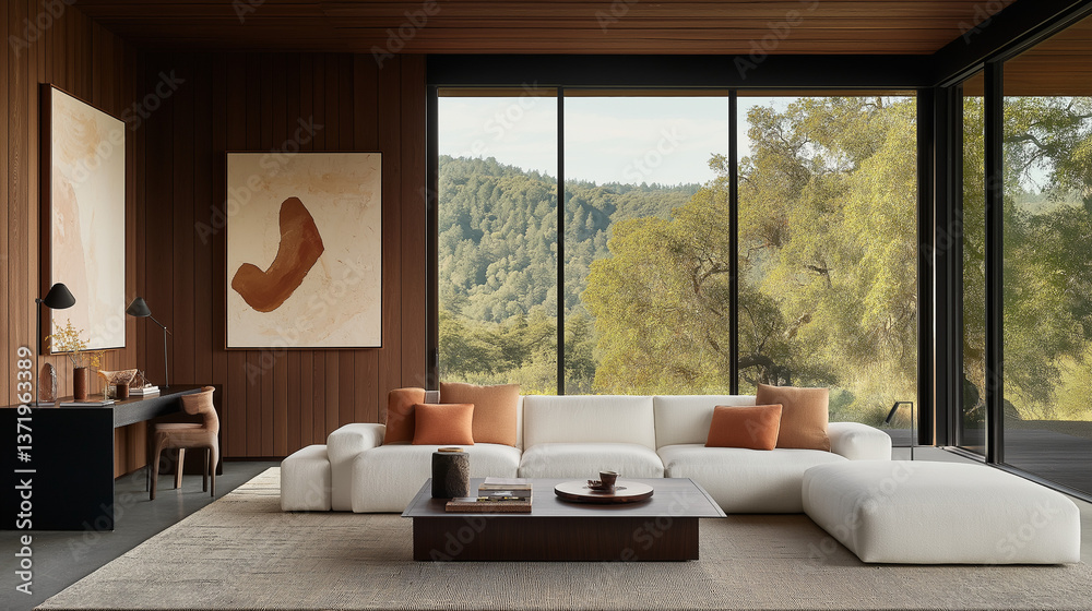 Fototapeta premium Modern Interior: A stylish and modern living room with a large window offering stunning views of a lush green landscape. The room is bathed in natural light, creating a warm and inviting atmosphere.