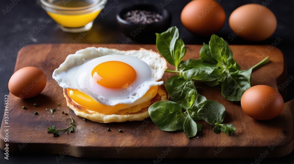 rustic fried egg served on a dark wooden cutting board, the egg's golden yolk spilling gently onto the board. rustic fried egg served on a dark wooden cutting board, the egg's golden yolk spilling gently onto the board.