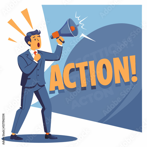 Businessman shouting action with megaphone against backdrop  