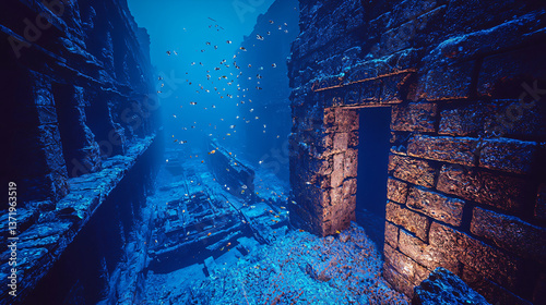 Enigmatic cave illuminated by striking blue light revealing hidden wonders within underwater scenes of ancient shipwrecks.