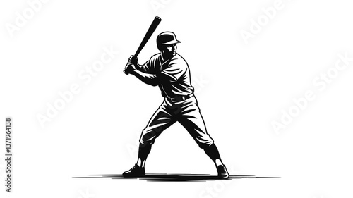 Dynamic Batter Silhouette: A monochrome depiction of a baseball batter in full swing, poised for action with bat ready to hit, capturing the power, focus, and agility of the sport.