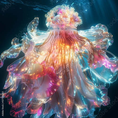 Elegant jellyfish aristocrat draped in iridescent gowns, bioluminescent crown glowing in an underwater ballroom. photo