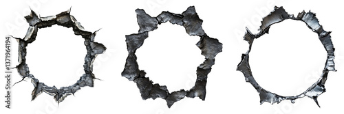 Ragged hole torn in ripped steel metal isolated on transparent background. PNG , se of