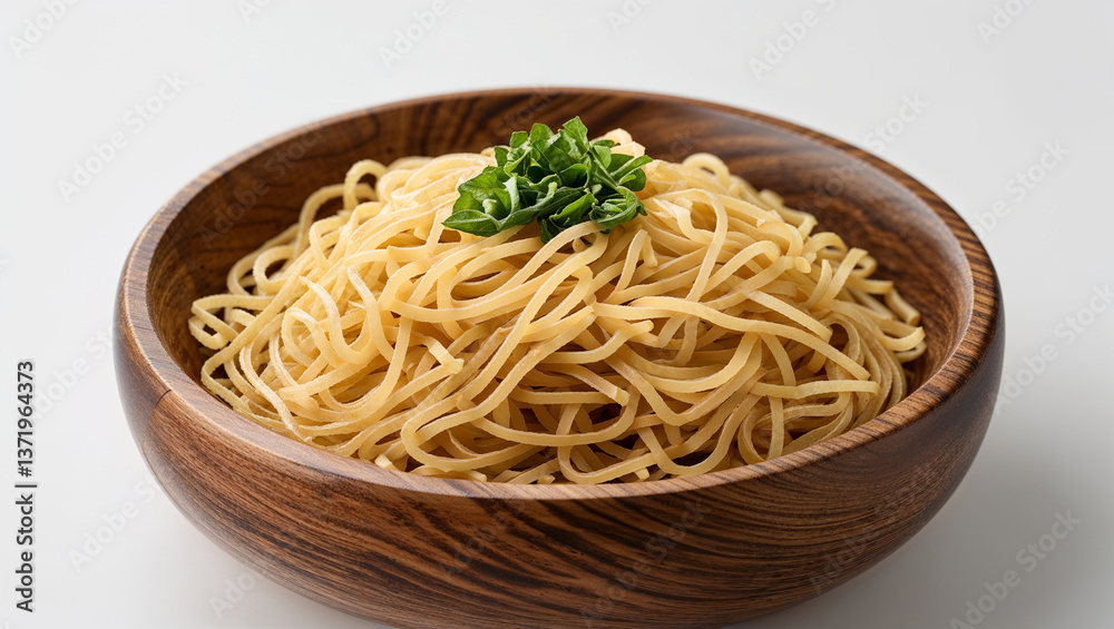 Delicious plain noodles with basil in wooden bowl on white background Delicious plain noodles with basil in wooden bowl on white background