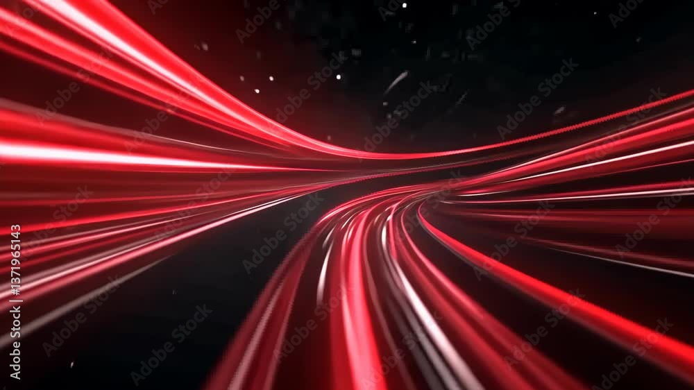 Dynamic red light trails blur through a dark tunnel creating an electric atmosphere and sense of speed