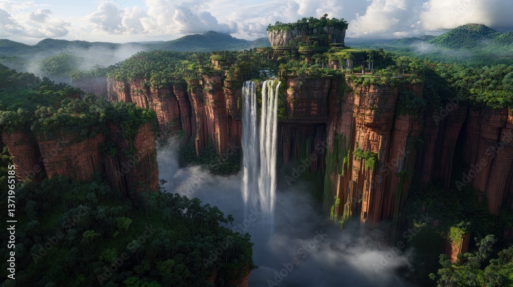 Naklejka premium Lush Waterfall Canyon Landscape