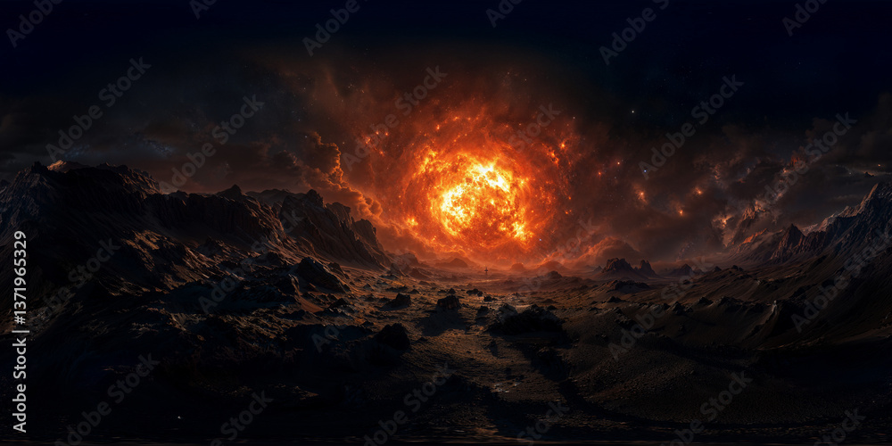 Fototapeta premium Supernova blast from planet surface 8K VR 360 Equirectangular Spherical Panorama