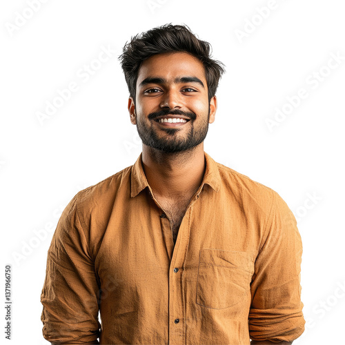 Cheerful Man in Brown Shirt Smiling, isolated on transparent background