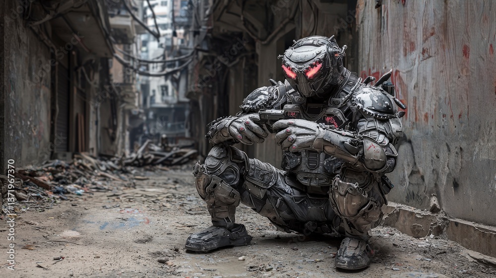 Fototapeta premium Cybernetic warrior in abandoned urban alley sci-fi art dystopian future low angle intriguing narrative