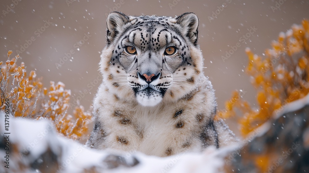 Fototapeta premium Majestic Snow Leopard Camouflaged in Snowy Mountain Landscape