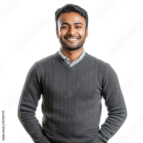 Smiling Man in Dark Gray Sweater with Hands in Pockets, isolated on transparent background