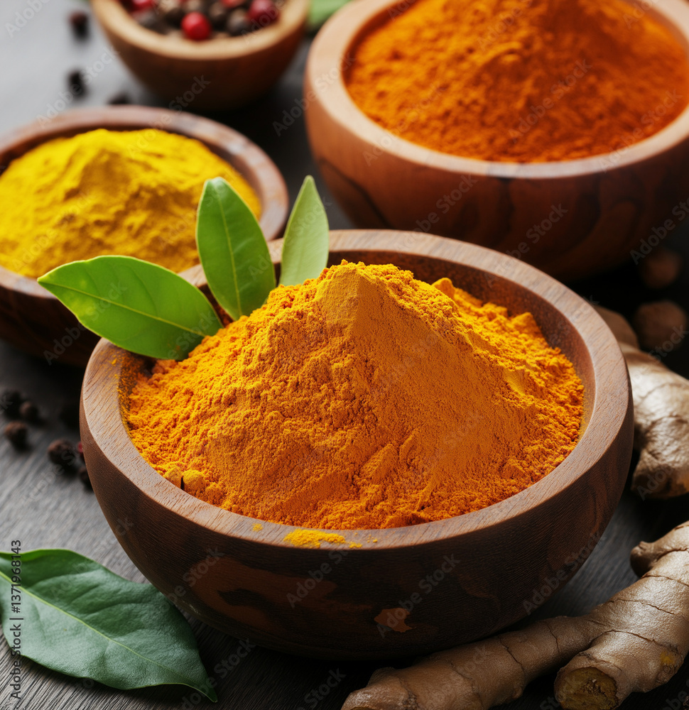 Turmeric and Ginger Powder with Colorful Spices High-Resolution Stock Image Featuring Wooden Bowls, Fresh Green Leaves, and Seasonings for Culinary and Herbal Design Concepts Turmeric and Ginger Powder with Colorful Spices High-Resolution Stock Image Featuring Wooden Bowls, Fresh Green Leaves, and Seasonings for Culinary and Herbal Design Concepts