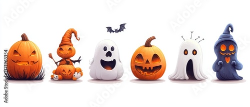 Cute halloween cartoon characters . White isolated background