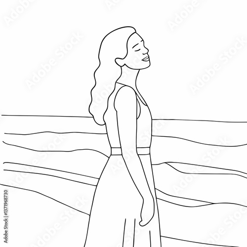 Woman enjoying peace by the sea in a minimalist style  