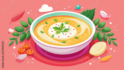 Creamy white soup with herbs and a dollop of cream in a white bowl on pink background, top view, copy space.