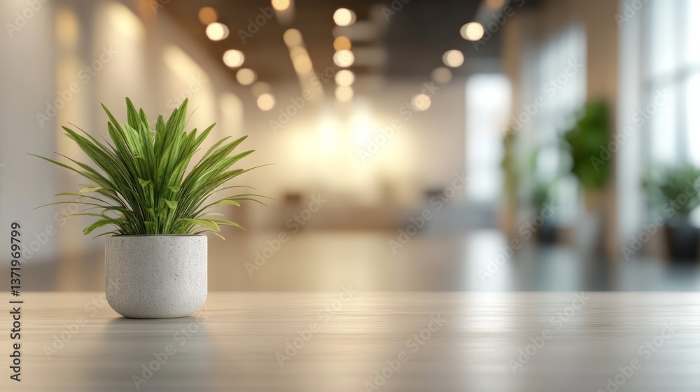 Fototapeta premium A potted plant sits on a wooden surface in office