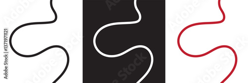 Wavy line with curvy abstract squiggles. Black, white and red hand-drawn wiggle design.  Vector illustration. isolated on white and black background. EPS 10