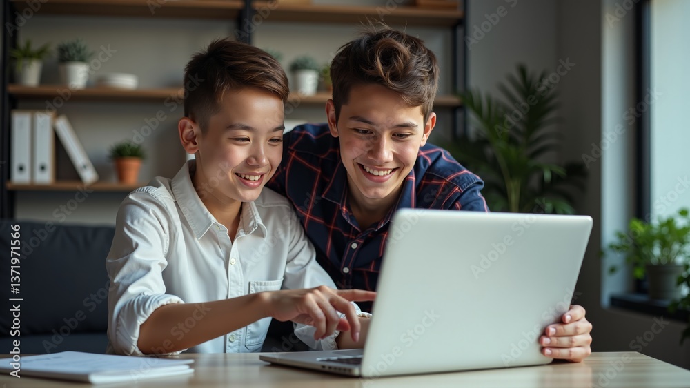 Two young boys are smiling and looking at a laptop together in a cozy indoor setting. Two young boys are smiling and looking at a laptop together in a cozy indoor setting.