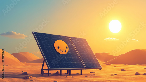 Smiling Sun with Solar Panels in Desert