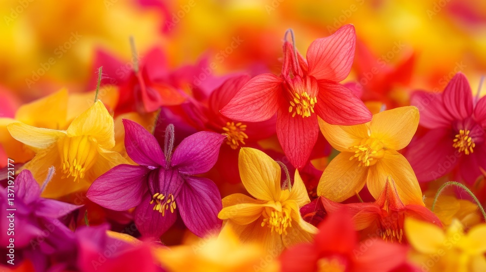 Naklejka premium Close up view reveals stunning multicolored columbine blossoms