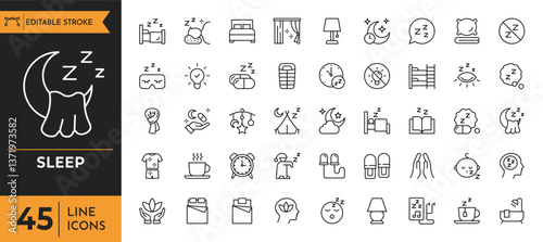 Sleep icon set. Containing sleeping, bedroom, dream, pillow, bed, alarm clock, insomnia, night, rest, sleep, and more. Vector illustration