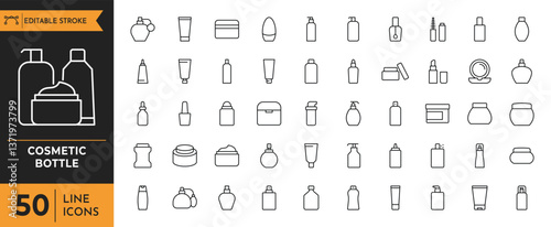Cosmetic bottle icon set. Containing cosmetic, beauty, makeup, deodorant, lotion, and more. Vector illustration