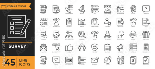 Survey icon set. Containing Rating, feedback, opinion, and more. Editable stroke. Vector illustration
