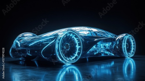 Futuristic transparent electric concept car with glowing blue neon details