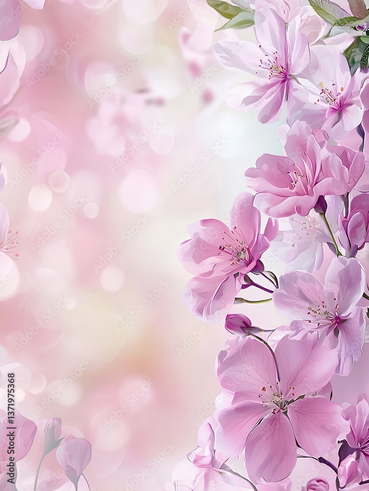 Delicate pink blossoms frame a soft, blurred background of pastel hues and bokeh effects, creating a serene and romantic floral image Delicate pink blossoms frame a soft, blurred background of pastel hues and bokeh effects, creating a serene and romantic floral image