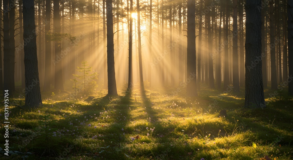 Naklejka premium Sunbeams Illuminate Misty Pine Forest Floor at Dawn