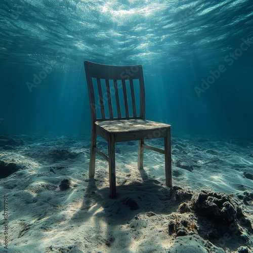 A wooden chair standing upright on the ocean floor, surreal and eerie