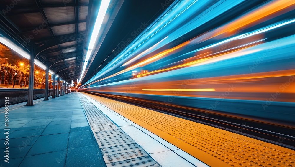 Obraz premium Fast Train Speeds Through Night Station Platform, City Lights Blur, Modern Transportation