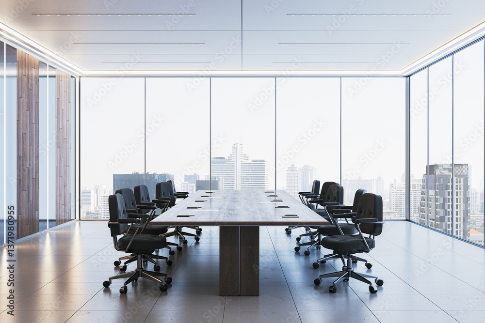 Modern conference room with long wooden table and black chairs in high-rise office building. 3D Rendering
