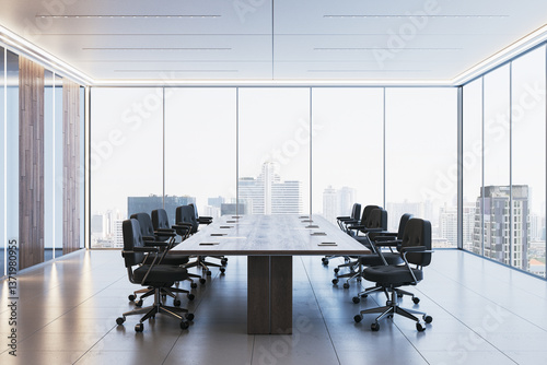 Obraz na płótnie Modern conference room with long wooden table and black chairs in high-rise office building. 3D Rendering w salonie